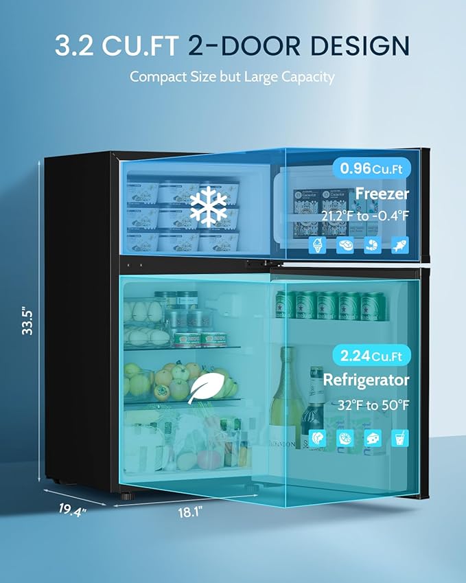 Feelfunn 3.2 Cu.Ft Mini Fridge with Freezer - 2 Door Small Refrigerator, Mini Refrigerator with Adjustable Thermostat, Removable Shelves, Mini Fridge for Bedroom, Office, Dorm, Apartment, Silver