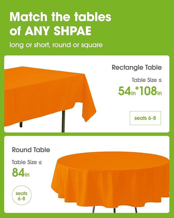Pureegg Plastic Table Cloth Disposable 20 Pack, 54 x 108 Inch Table Cloths, Halloween Party, Thanksgiving Decorations, Harvest, Fall Tablecloths, Rectangle Tables, Leakproof & Sturdy, Orange