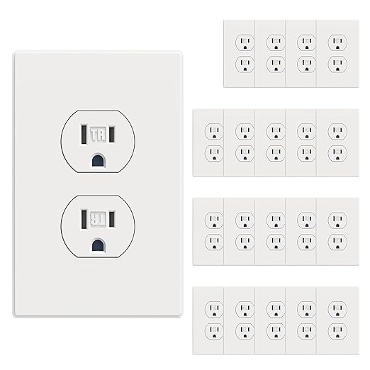 AIDA 20 Pack Matte White Standard Duplex Electrical Wall Receptacle Outlet, 15A 125V, 2 Pole 3 Wire, Tamper Resistant, NEMA 5-15R, Self-Grounding, Wall Plate Included, UL Listed