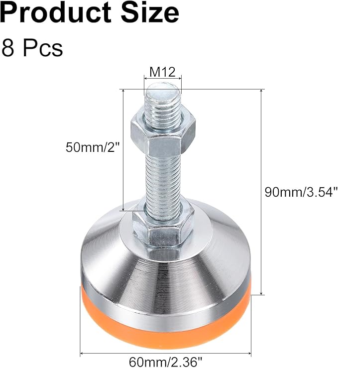 uxcell 8 Pack Adjustable Heavy Duty Leveling Feet, 60mm/2.36" Dia Base M12 x 50mm Thread Anti-Slip Shock-Absorbing Furniture Leveler Legs for Workbench, Machine, Cabinet