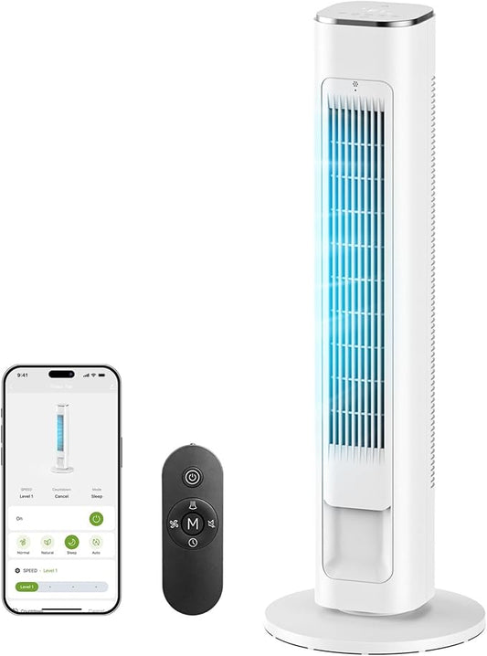 MORENTO 36-Inch Smart Tower Fan with Remote, 25ft/s Standing Fan with WiFi, App & Voice Control, 4 Modes, 4 Speeds, 12-Hour Timer, 90° Oscillating Fan for Bedroom and Office, White, 1 Pack
