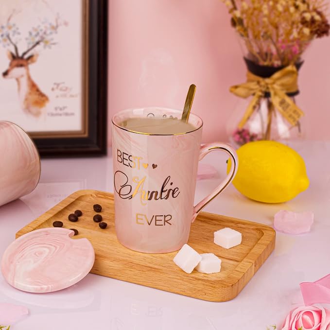 Aunt Gifts for Aunts from Niece - Mothers Day Birthday Gifts for Aunt, 14Oz Pink Marble Ceramic Coffee Mugs Print with Real Gold, Best Aunts Auntie Ever Gift Mug with Lid Spoon Card, Nice Box