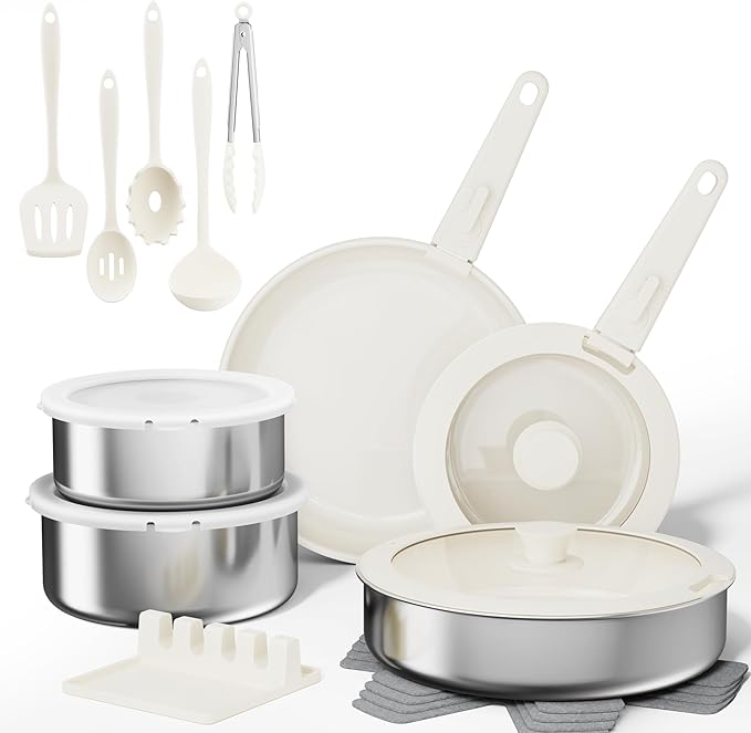 Sanho 21-Piece Pots and Pans Set, Healthy Ceramic Nonstick Cookware with Detachable Handles, Non-Toxic 4-Layer Stainless Steel & Aluminum Core, Induction RV Kitchen Set, Dishwasher & Oven Safe