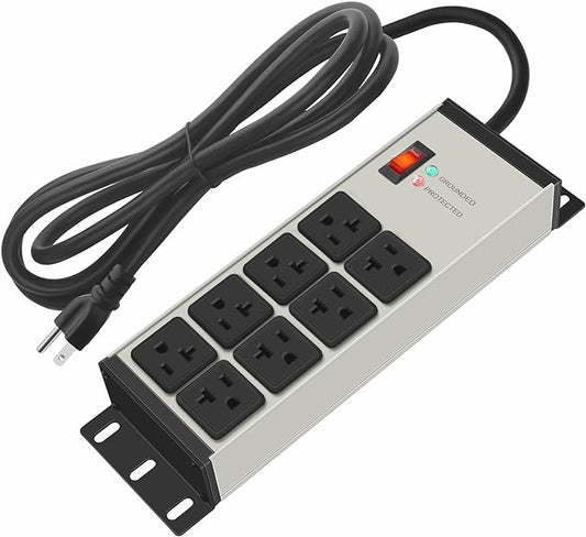 CCCEI Heavy Duty Power Strip Surge Protector 20 AMP Switch, 12 Gauge Extension Cord with Multiple Outlets, Industrial, Shop, Garage High Amp Wall Mount Electric Extender. 25FT, Grey.