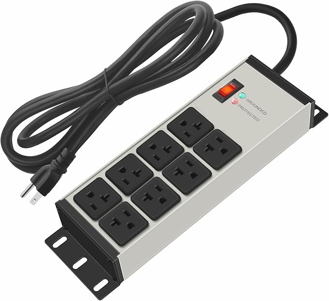 CCCEI Heavy Duty Power Strip Surge Protector 20 AMP Switch, 12 Gauge Extension Cord with Multiple Outlets, Industrial, Shop, Garage High Amp Wall Mount Electric Extender. 4FT, Grey.