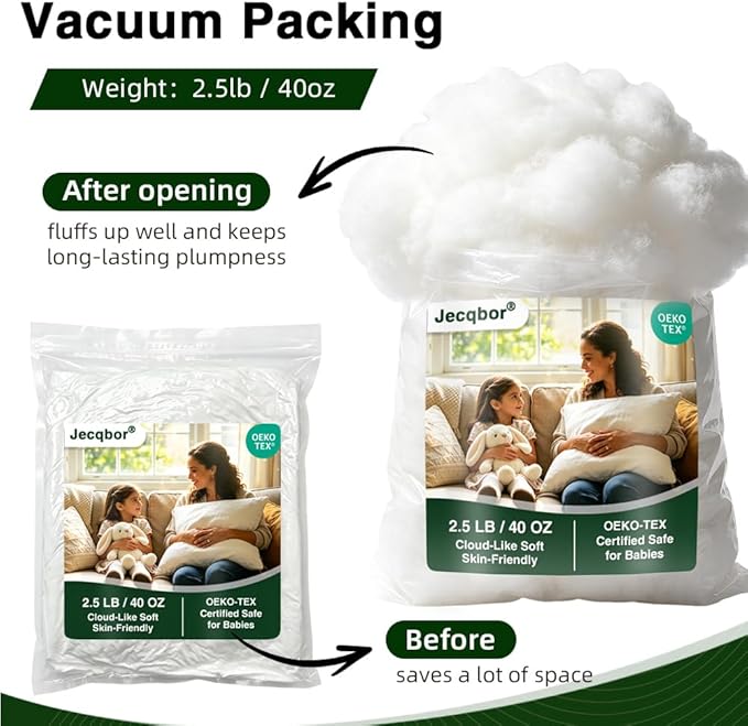 Jecqbor 2.5lb/40oz Premium Polyfill Stuffing, Fluffy Polyester Fiber Fill, Machine-Washable Pillow Stuffing for Pillows, Crochet Toys, Stuffed Animals, Couch Cushions, Cloud Decorations & DIY Crafts