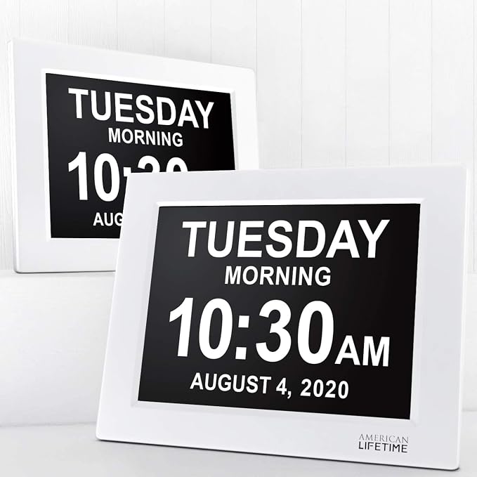 American Lifetime, New Version, Day Clock Extra Large Impaired Vision Digital Clock with Backup and 5 Alarm Options Great Gift Ideas, 2 Pack White