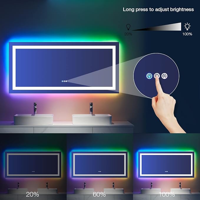 LOAAO 60"X30" RGB LED Bathroom Mirror with Lights, Anti-Fog, Dimmable, Lighted Bathroom Vanity Mirror, Multiple Light Modes, RGB Backlit + Front Light, Memory Function, Tempered Glass, ETL Listed