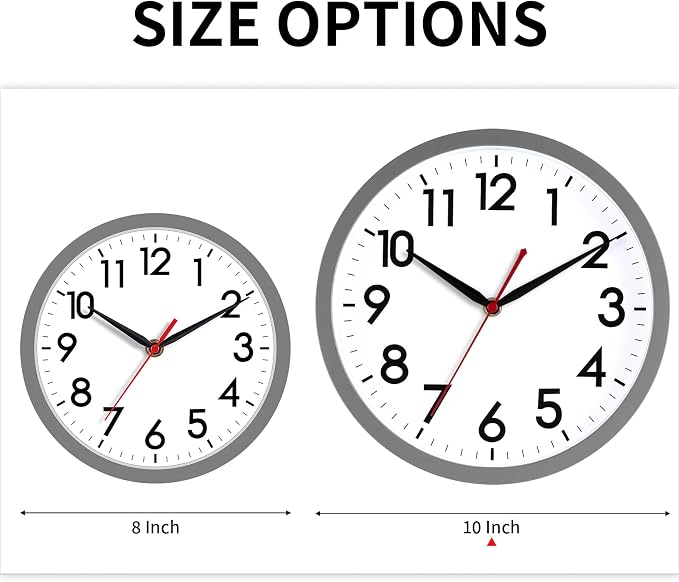 AKCISOT 10 Inch Wall Clock, Battery Operated Analog Clock, Silent Non-Ticking, Ideal for Bedroom, Bathroom, Kitchen, Office and School, Gray