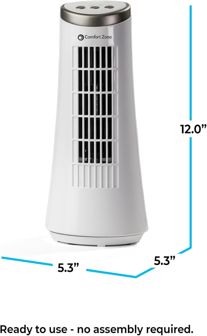 Comfort Zone 12-Inch Oscillating Desktop Tower Fan – Ultra-Slim Bladeless Design with 2 Speeds, Electronic Touch Controls & Carry Handle – Quiet Portable Personal Fan for Bedroom, Dorm, or Office