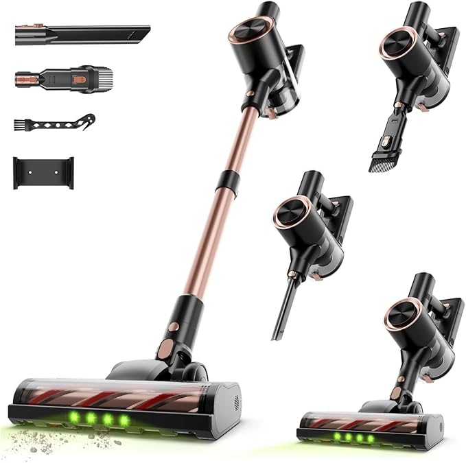 Cordless Stick Vacuum Cleaner - 40KPA Powerful Suction Vacuum with 45 Min Runtime, Detachable Battery, Anti-Tangle & 1.5L Dust Cup, 8 in 1 Vacuum Cleaner for Pet Hair, Carpet, HardFloor, Gold