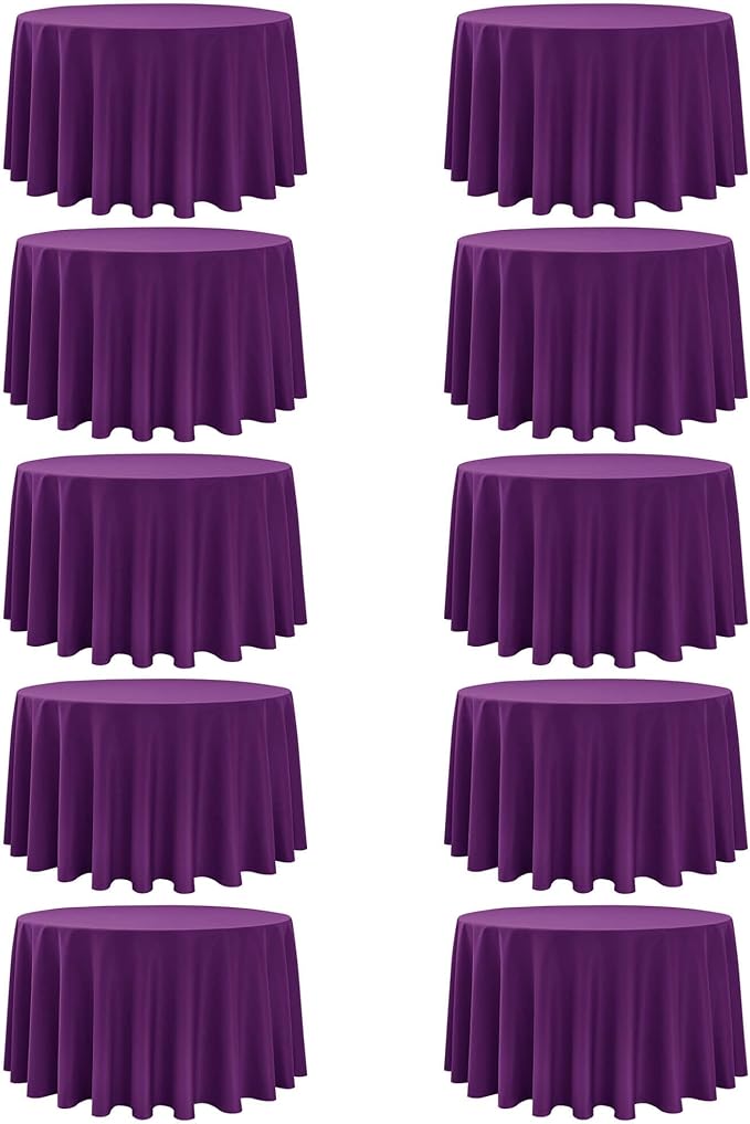 10-Pack Purple Round Tablecloths, 108 Inches, Stain-Resistant Polyester for 4-5 Ft Round Tables - Washable Table Covers for Weddings, Banquets, Birthday Parties, Events