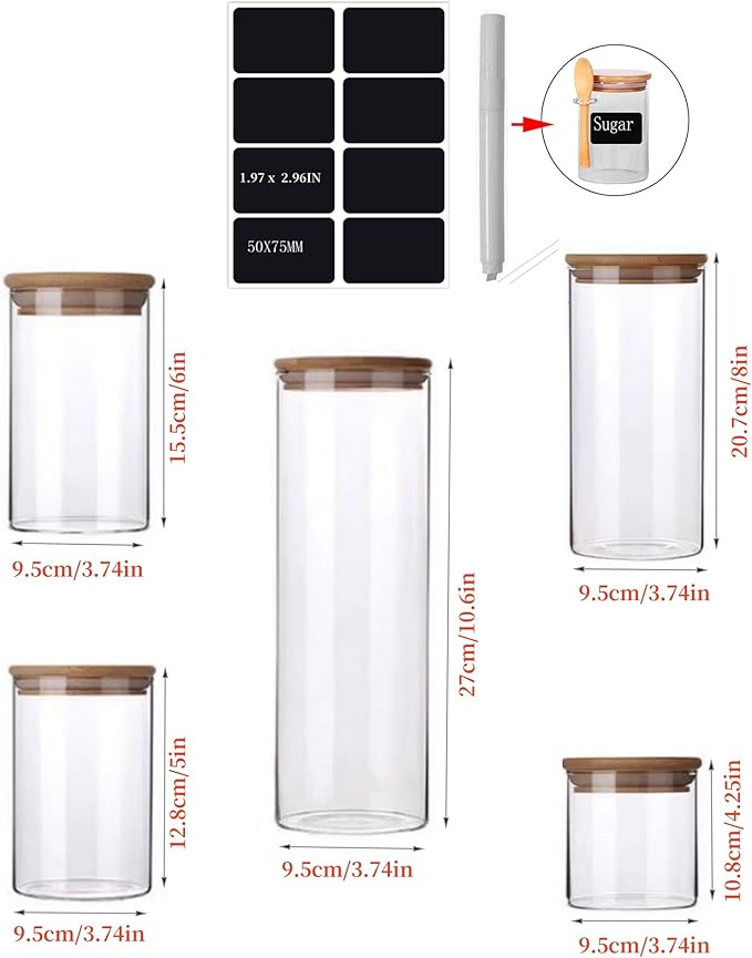 Glass Jars with Bamboo Lids 36 OZ [Set of 5],Canisters with Airtight, Glass Food StorageContainers for Coffee, Sugar,Tea, Candies, Cookies