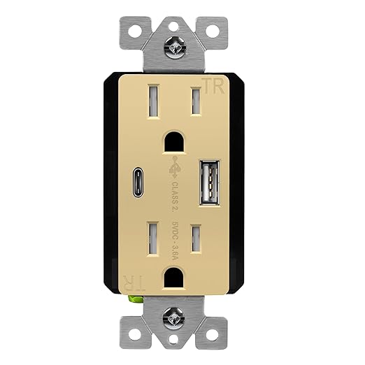 TOPGREENER USB Outlet, Type C & Type A Wall Outlet, 15 Amp Tamper Resistant Receptacle Plug, Charging Power Outlet with USB Ports, UL Listed, TU21536AC-GDWSI, Gold