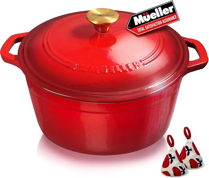 MUELLER HOME 4.5 QT Enameled Cast Iron Dutch Oven, Heavy-Duty Casserole Dish and Braiser Pan with Lid and Stainless Knob, Oven-Safe up to 500° F & Across All Cooktops, Red | Casserole Dish and Braiser Pan, Lid with Stainless Knob, Oven-Safe up to 500° ...