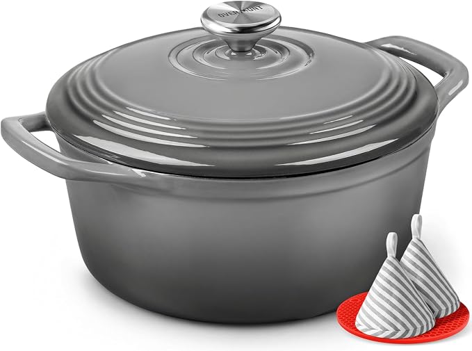 Overmont Enameled Cast Iron Dutch Oven - 5.5QT Pot with Wide Handles Lid Cookbook & Cotton Potholders - Heavy-Duty Pre-Seasoned Cookware Oven Safe to 500°F for Braising, Stews, Roasting, Sourdough Baking Grey
