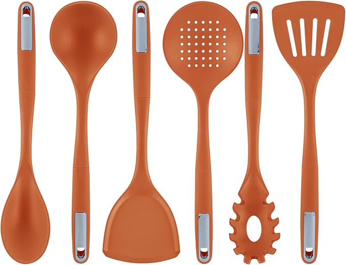Restaurantware Silicone Utensil Set Pack of 1 Non-Slip Handle 6-Piece Kitchen Tool Set, Heat-Resistant Dishwasher-Friendly Cooking Accessories, Durable Orange Cooking Utensils