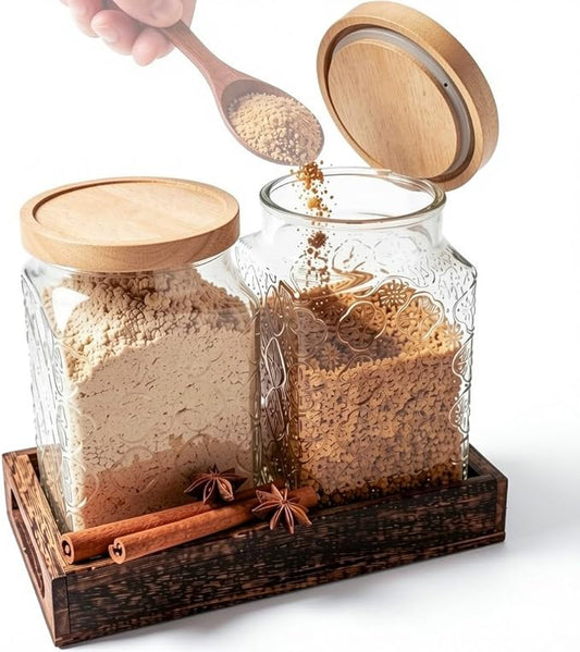 eBun 2 Pack 2 Quart (64 oz) Airtight Brown Sugar Container Set, Vintage Style Glass Jars with Wooden Lids & Tray, Half Gallon Kitchen Canisters for Flour, Coffee, Tea, Pantry Storage