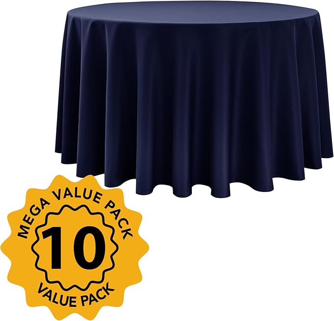 10-Pack Navy Blue Round Tablecloths, 108 Inches, Stain-Resistant Polyester for 4-5 Ft Round Tables - Washable Table Covers for Weddings, Banquets, Birthday Parties, Events