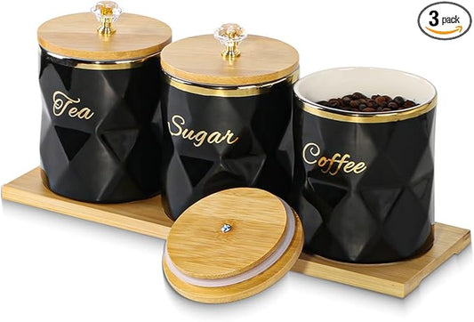 Black Ceramic Storage Canister for Coffee Sugar Tea Containers Set of 3, Coffee Sugar Tea Canisters Set with Bamboo Lids and Tray, Airtight Food Storage Jars for Kitchen Pantry