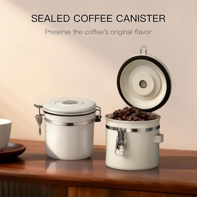MEGAWISE 304 Stainless Steel Coffee Canister – Airtight 1.2L Coffee Storage Container with CO₂ Valve & Date Tracker, Vacuum-Sealed Canister for Coffee Beans, Grounds, Tea & Pantry Storage