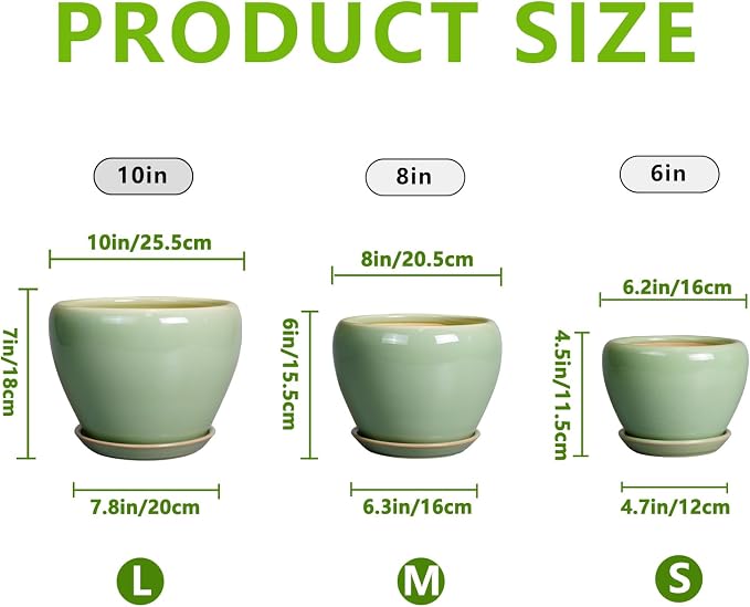 Ceramic Pots for Plants - 10/8/6 Inch Flowers Planters with Drainage Holes and Saucers for Indoor Outdoor, Decorative Modern Home House Office Room Decor, Set of 3, Green