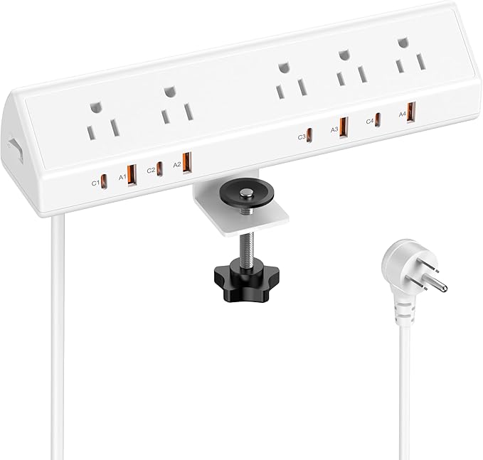 VILONG Desk Clamp Power Strip,65W Total Fast Charging Station,Desk Edge Mount Power Strip,8 USB Ports (4 USB C) & 5 AC Outlets,1200J Surge Protector (White, 6, Feet, Power Strip)