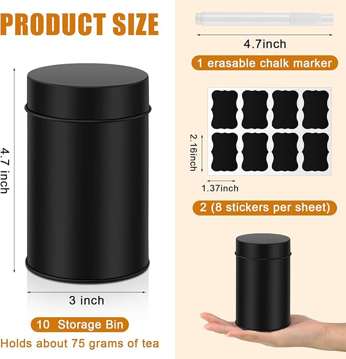 Tanlade 10 Pcs Tea Tin Canisters Airtight Double Lid Metal Storage Containers with Erasable Labels Marker, 14 oz Round Tins for Loose Leaf Tea Coffee Sugar Spice Pantry Organization