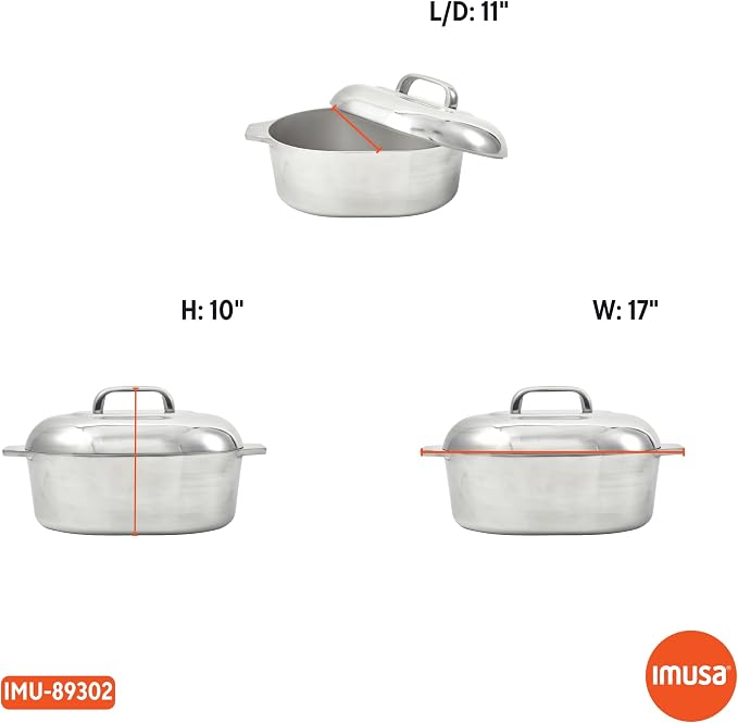 IMUSA USA Heavy Duty Cajun Oval Aluminum Roaster 15, Silver | Mirror-Polished Finish, Removable Steamer Inserts and Side Handles, Heats Quickly and Evenly, Ideal for Roasting and Steaming