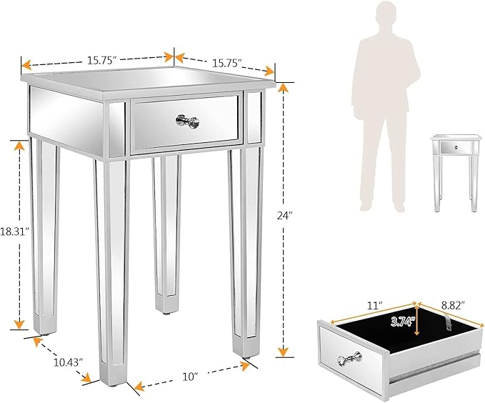 VINGLI Mirrored End Table with Drawer Silver Modern Nightstand/Bedside/Accent Table Set of 2 for Small Space,Living Room,Bedroom,15.7" L x 15.7" W x 24" H,Mirror