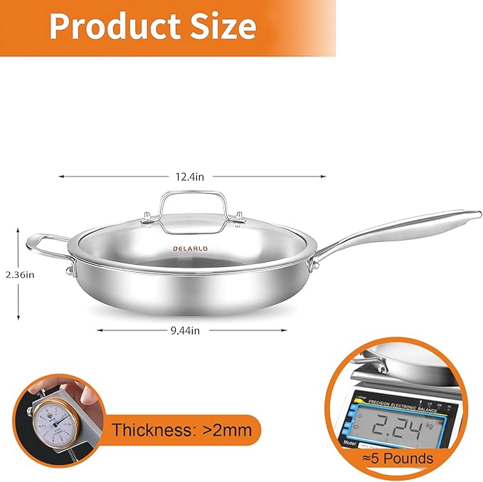 DELARLO Tri-Ply Stainless Steel Pan with Lid 12inch | Compatible with All Cooktops Heavy Duty Frying Pan with Lid, 18/10 Large Cooking Surface, Stainless Steel Skillet