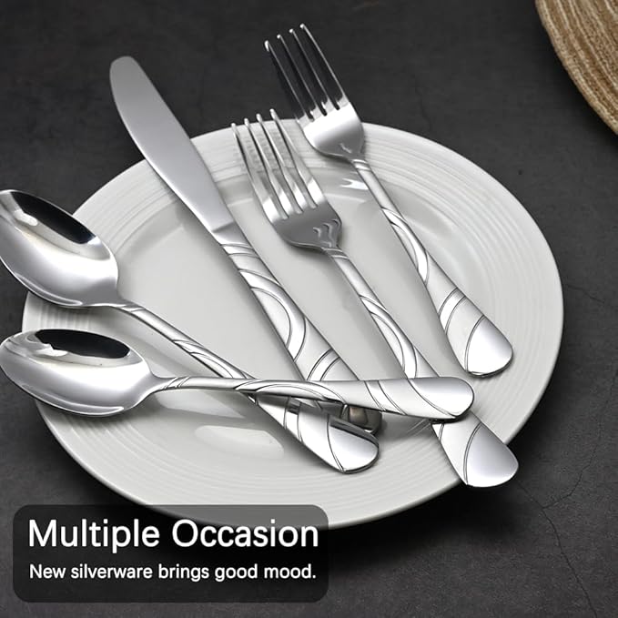 60-Piece Silverware Set for 12, 18/0 Frosted & Mirror Finish Stainless Steel Vintage Flatware Set, Modern Cutlery Set for Home Wedding Restaurant Housewarming Party Event Serving For 12