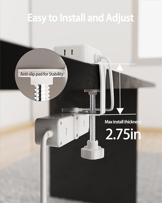 HOPOW Dual Layer Desk Clamp Power Strip（White）, Desktop Edge Mount Charging Station with 13 Outlets 4 USB Ports (2 USB C), Under Desk Surge Protector(1700 Joules), 10 Ft Extension Cord for Office