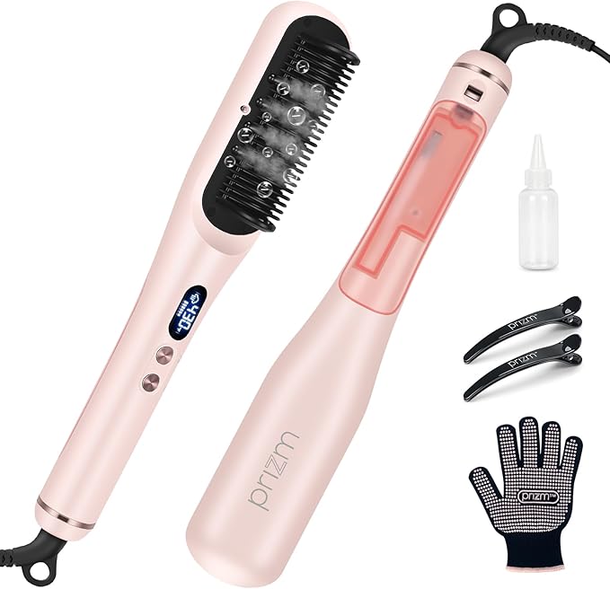 Prizm Pro Steam Hair Straightener Brush - Ionic Steam Straightening Brush for Curly Hair, Anti-Scald Ceramic Straightener Comb with LCD Display for Super Smooth, Frizz Free Hair, 4 Heat Settings, Pink