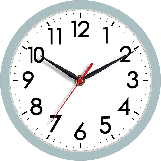 AKCISOT 8 Inch Wall Clock, Battery Operated Analog Clock, Silent Non-Ticking, Ideal for Bedroom, Bathroom, Kitchen, Office and School, Blue Gray