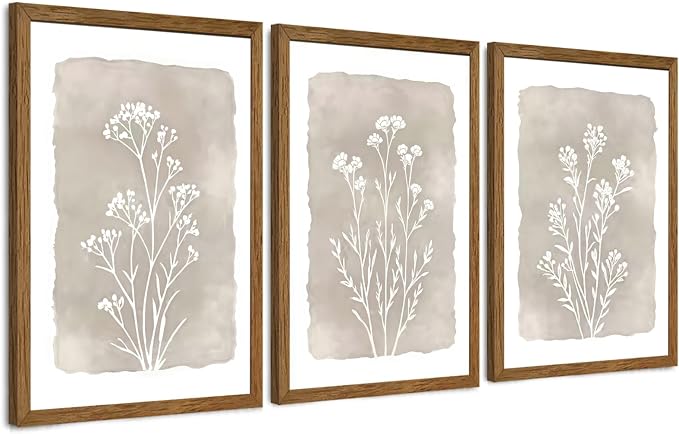 JLTULT 3 Piece Boho Beige Floral Wall Art, Minimalist Line Botanical Flower Wall Decor, Vintage Rustic Wildflower Art Prints for Living Room Bedroom Office Farmhouse Decoration 20x30 in Ready to Hang
