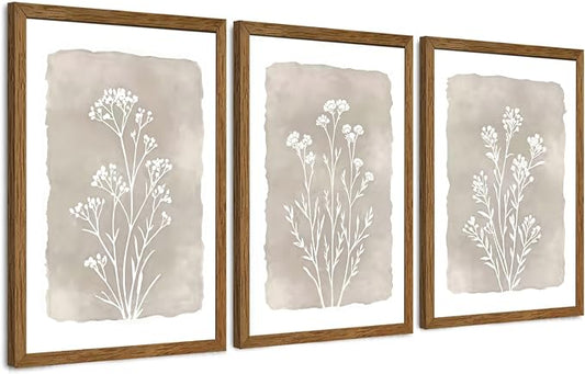 JLTULT 3 Piece Boho Beige Floral Wall Art, Minimalist Line Botanical Flower Wall Decor, Vintage Rustic Wildflower Art Prints for Living Room Bedroom Office Farmhouse Decoration 20x30 in Ready to Hang