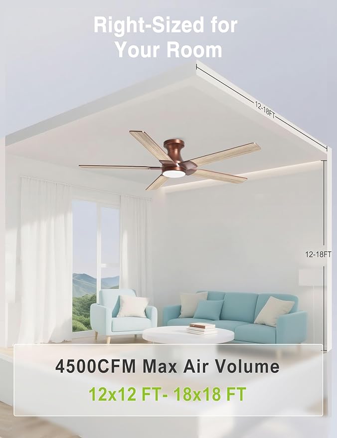 DAMINY 52 inch Brown Ceiling Fans with Lights,5 Blades,6CCT, Low Profile,Remote Control,for Bedroom, Kitchen,Living Room,Indoor/Outdoor Use,Flush Mount