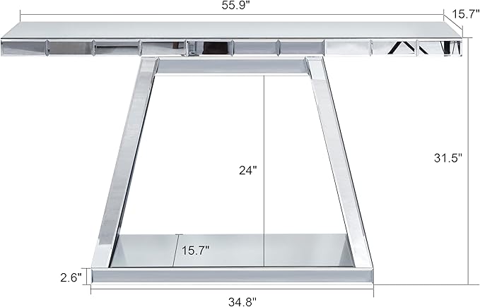 SSLine 2-Piece Set Mirrored Console Table with Wall Mirror, 55" Modern Mirror Entryway Table with Trapezoid-Shape Base, Round Crush Diamond Decor Mirror for Entryway Hallway