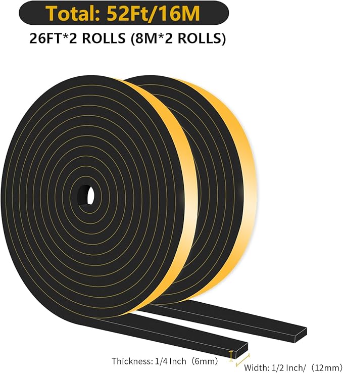 Weather Stripping Door Seal,Weather Stripping,Soundproof,Cold Insulation,High Density CR Foam Insulation Tape for Door, Front Door Frame, Windows,Sliding Door (Black, 1/2 in x 1/4 in x 52Ft)