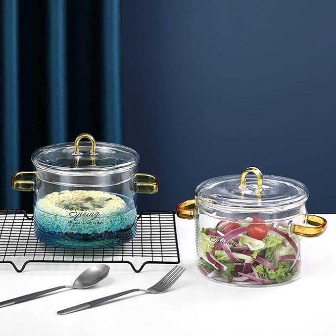 Glass Cooking Pot - 1.5L/50OZ Heat-Resistant Borosilicate Glass Handmade Cookware Set stovetop Pot - Safe for Pasta Noodle, Soup, Milk, Tea Blue