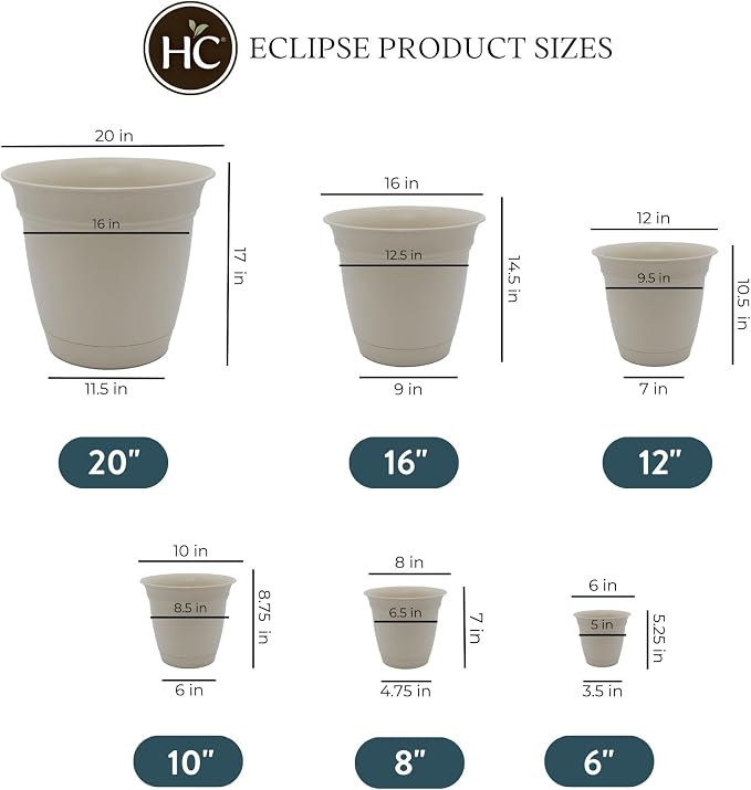 The HC Companies Eclipse Round Planter with Saucer - Outdoor & Indoor Plant Pot with Drainage Holes - Lightweight, UV-Resistant Plastic Pots for Plants, Flowers & Herbs (6” Cottage Stone, Pack of 1)