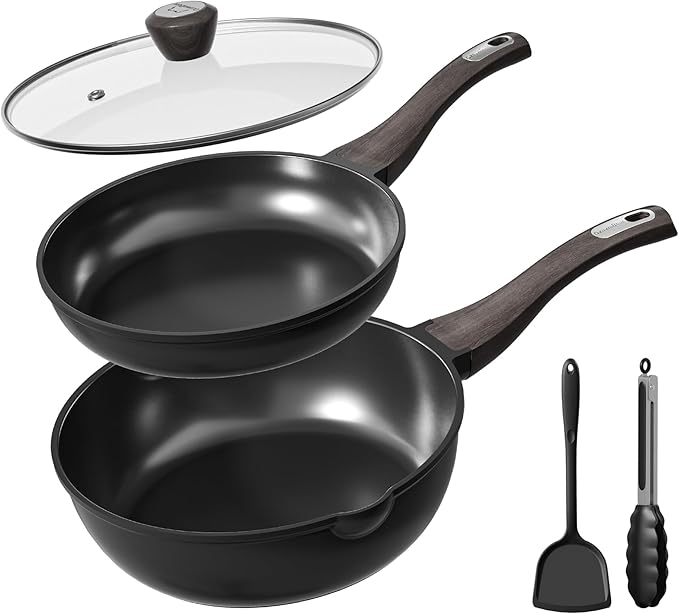 Nonstick Cookware Set, Titanium Coating Pan Set, Induction Cookware Oven Safe RV Kitchen Set, PFAS PFOA & PTFE Free, (8+11Inch with Lid)