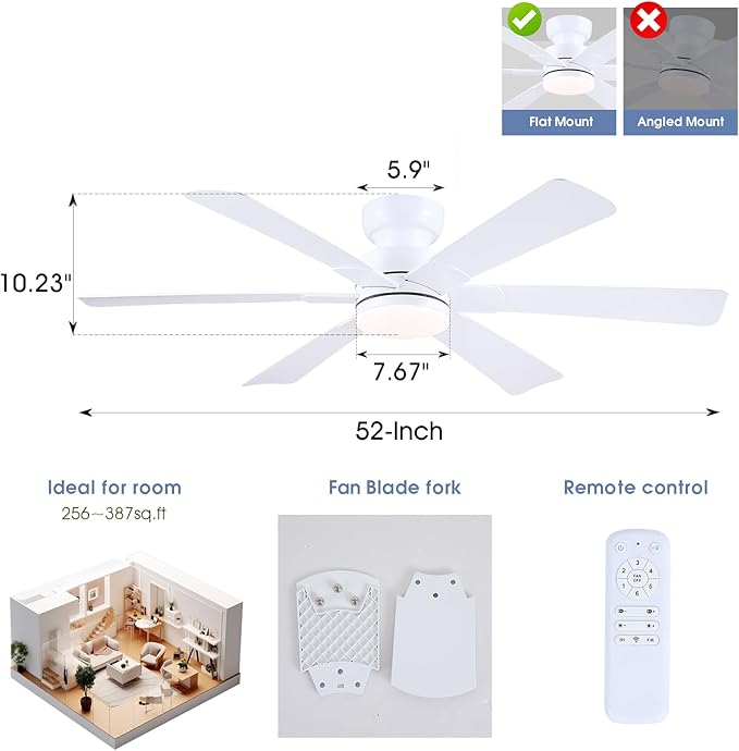 Asyko 52" Low Profile Ceiling Fans with Lights and Remote, White Indoor Ceiling Fan Light with Quiet Reversible DC Motor,Modern Flush Mount Ceiling Fans with Dimmable LED for Bedroom Kitchen