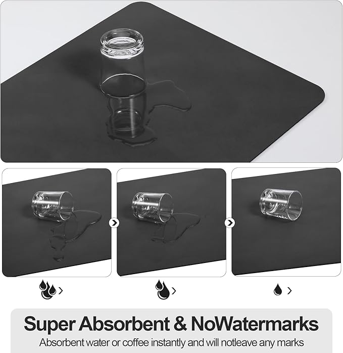 Ecotrim Absorbent Coffee Mat , Stain Hiding PU Leather Surface, Non-Slip Natural Rubber Backing, Quick Dry Mat for Espresso Machine, Kitchen Counter ,Black | 17" x 31.5"