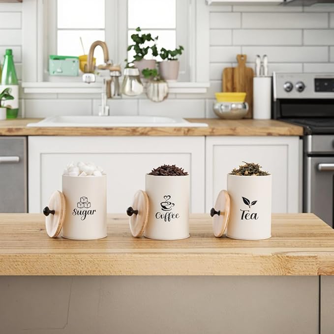 3 Pack Kitchen Canisters with Bamboo Lids, Metal Canister Set for the Kitchen Counter, Airtight Coffee Container Tea Organizer & Sugar Canister, Rustic Kitchen Decor Containers-Beige