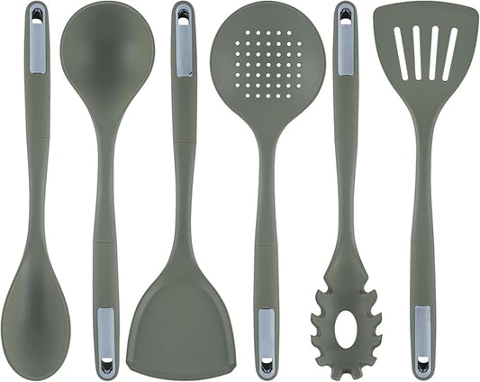 Restaurantware Silicone Utensil Set Pack of 1 Non-Slip Handle 6-Piece Kitchen Tool Set, Heat-Resistant Dishwasher-Friendly Cooking Accessories, Durable Green Cooking Utensils