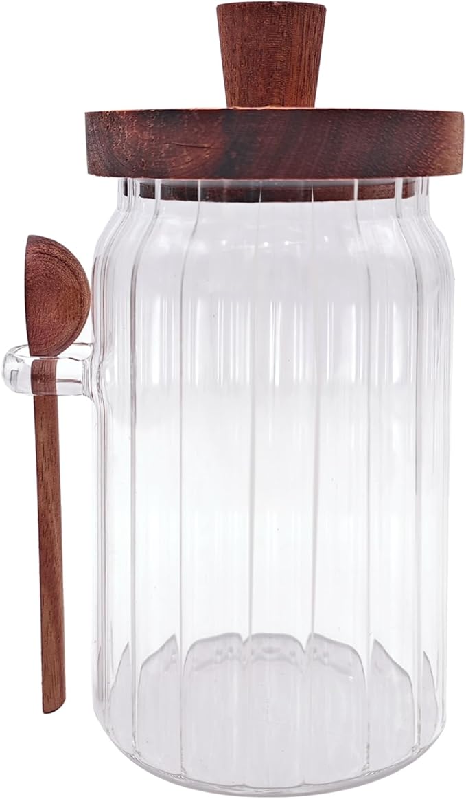 Coriario 30 OZ Glass Jar with Airtight Lid Spoon Ribbed Glass Storage Jars Wooden Lids Wide Mouth Glass Coffee Canister for Food Kitchen Candy Sugar Cookie Tea Decorative