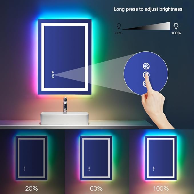 LOAAO 24"X32" RGB LED Bathroom Mirror with Lights, Anti-Fog, Dimmable, Lighted Bathroom Vanity Mirror, Multiple Light Modes, RGB Backlit + Front Light, Memory Function, Tempered Glass, ETL Listed