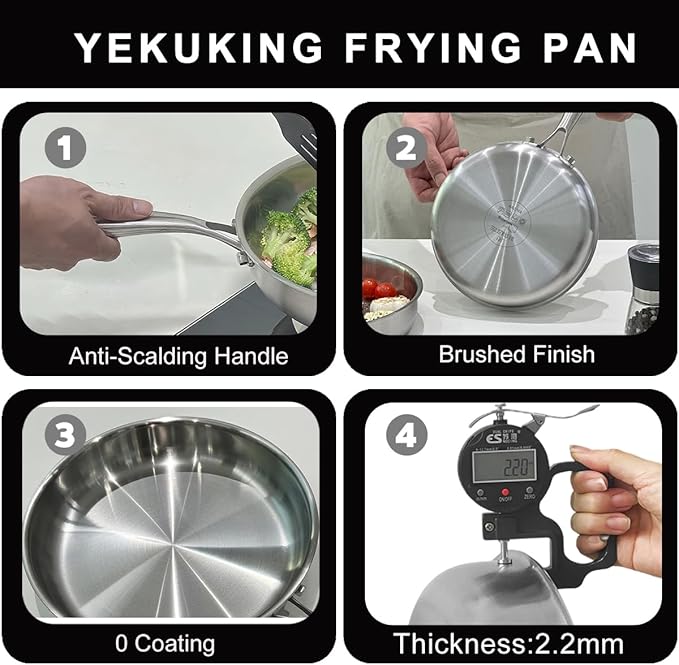 Tri-ply Stainless Steel Frying Pan 8 Inch Small Skillet for Chef's Cooking Pan Induction Oven Dishwasher Safe, Compatible with All Cooktops Up to 600℉ with Kitchen Tongs(Detachable Handle)